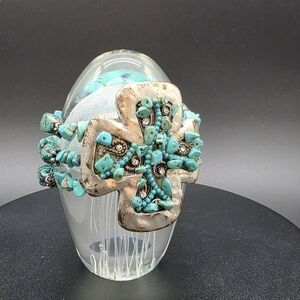 Turquoise Stone Cross Stretch Cuff Bracelet